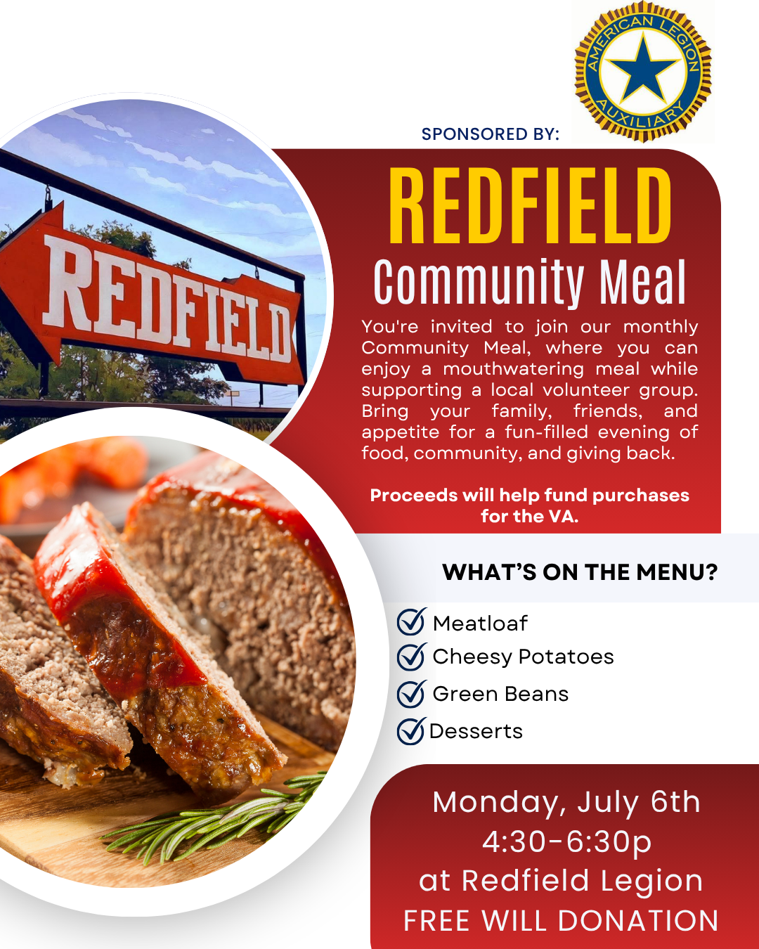 Redfield Community Meals Flyer - July 6th, 4:30-6:30p Redfield Legion