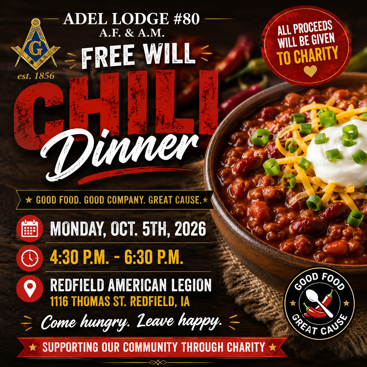 October 5th Community Meals Flyer in Redfield Iowa sponsored by Adel Masons